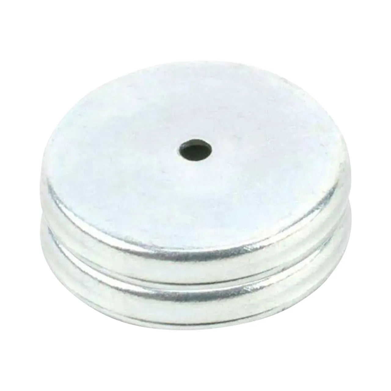 The Go Build 10 lb. Round Base Pull Latch Magnets (2-Piece per Pack) are silver metal discs with a central hole and grooved edge, designed for strong holding power and versatile use, shown on a white background.